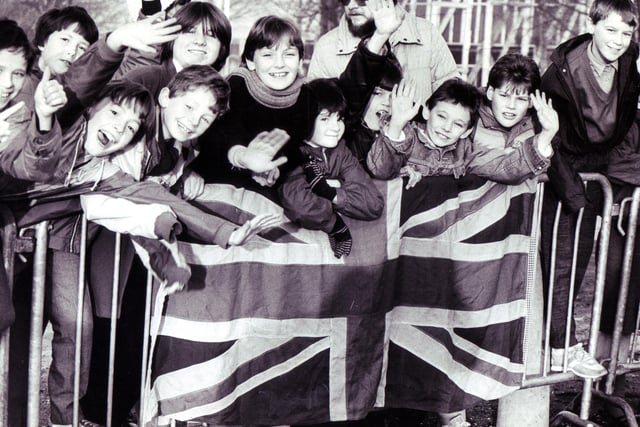 Wilby Carr Middle School, Doncaster, waited outside the Leisure Centre for the Queen's visit in December 1986