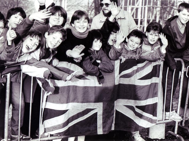 Wilby Carr Middle School, Doncaster, waited outside the Leisure Centre for the Queen's visit in December 1986