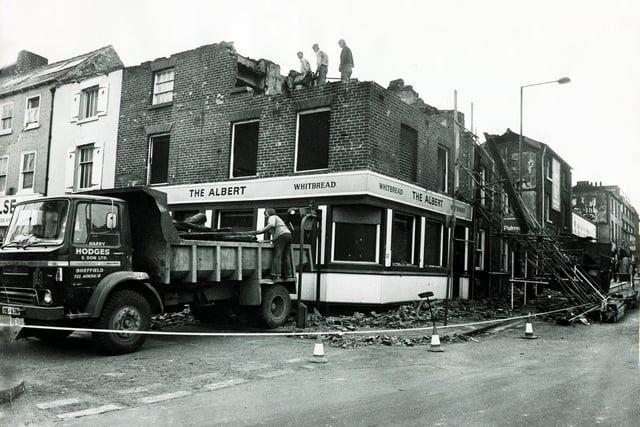 Demolition underway at the Albert Pub, on the corner of Division Street and Cambridge Street, Sheffield, November 10, 1978