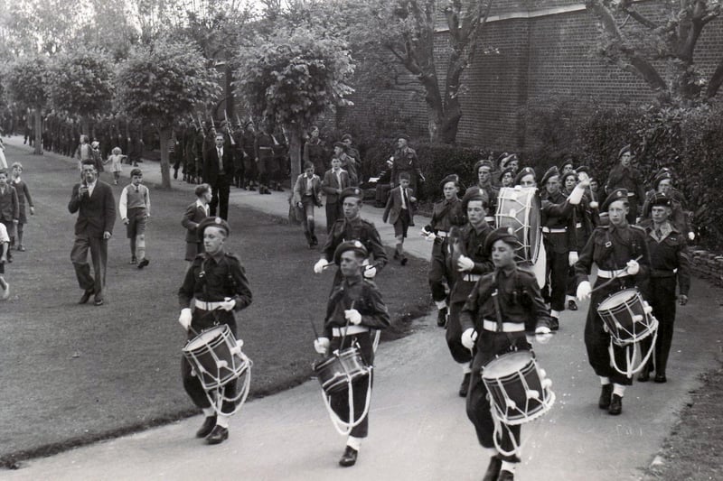 The Havant Army Cadet Force band parading in Havant Park about 1945