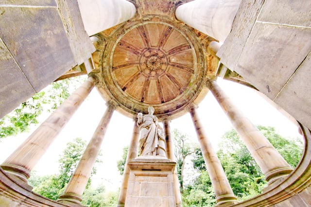 The Roman Temple at St. Bernard's Well in Edinburgh's Stockbridge, is a much admired classical structure, and has less obvious but impressive features on the underside of its 18th century dome - fine stone carvings usually hidden in shadow 
