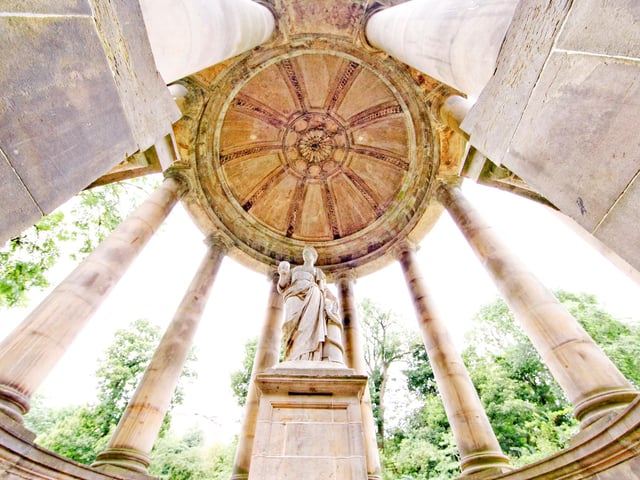 The Roman Temple at St. Bernard's Well in Edinburgh's Stockbridge, is a much admired classical structure, and has less obvious but impressive features on the underside of its 18th century dome - fine stone carvings usually hidden in shadow