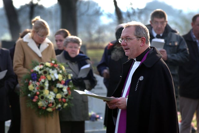 The annual memorial service for Bentley Miners killed in the 2 Bentley pit disasters, Arksey Cemetry, Arksey Lane, Bentley Doncaster. Hyms at the memorial led by the Rev Sp Dickinson, Vicar of New Bentley pictured in 2003