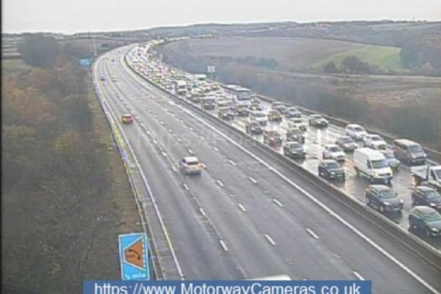 Traffic jams as a result of the collision on the M1 near J31 near Sheffield earlier today