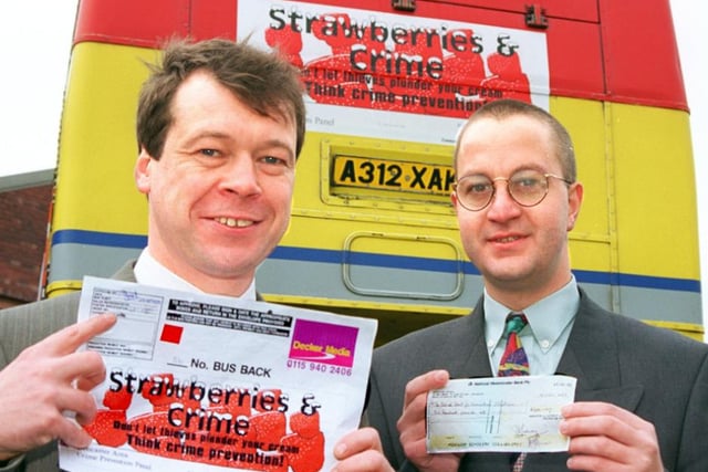 Ian Anthony, of Hyde Park, with his winning crime prevention poster which featured on the rear of a Docaster bus in 1997 pictured with Dave Carr