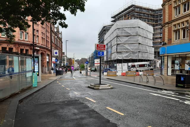 Pinstone Street was closed to traffic in June 2020. Pic: David Walsh.