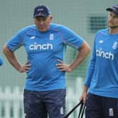 England's cricket coach Chris Silverwood, left, speaks his team captain England's Joe Root (AP Photo/Alastair Grant)