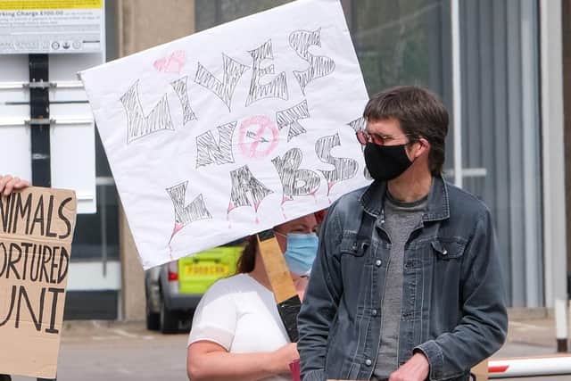 Some of the animal rights protesters who gathered outside the Alfred Denny building at Sheffield University today, opposing animal testing. Picture: Dean Atkins