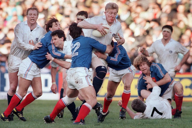 February 17, 1990: Scotland 21, France 0, Five Nations
Kelso's John Jeffrey being tackled by France's Franck Mesnel at Murrayfield Stadium in Edinburgh (Photo: STF/AFP via Getty Images)