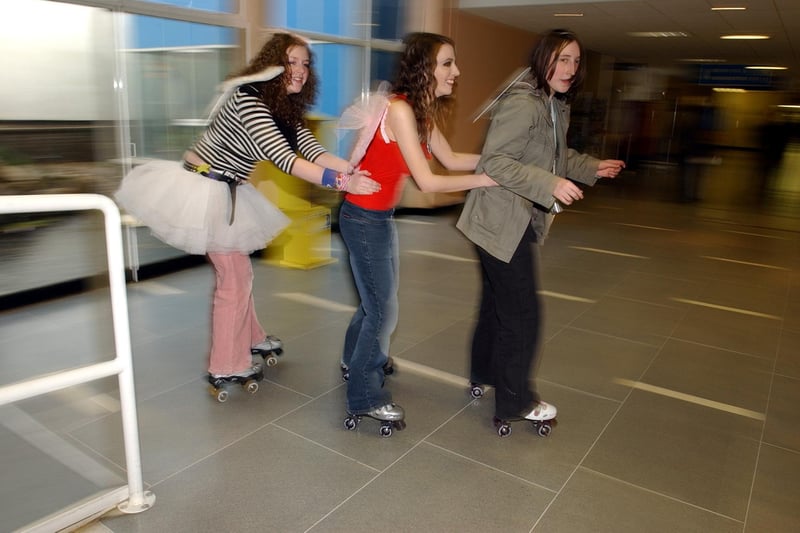 Kylie Ford, Kirsty Bertram and Kathryn Allen got on their roller skates for Comic Relief at South Tyneside College in 2005.