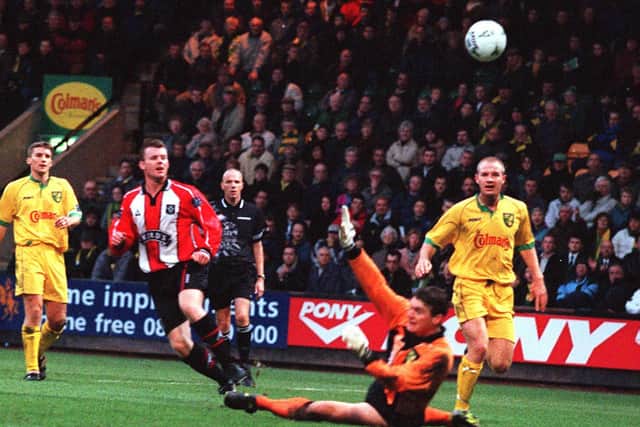 Graham Stuart almost scoring for Sheffield United against Norwich City in 1998