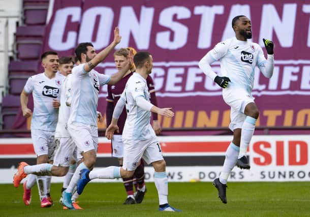 Gozie Ugwu celebrates making it 1-0 to Raith Rovers after just four minutes.