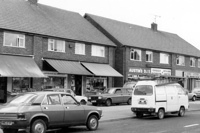 Shops including Wans Kitchen takeaway on Chaucer Road, in Parson Cross, Sheffield, in 1986