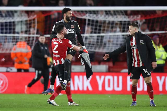 Sheffield United goalkeeper Wes Foderingham celebrates following the Sky Bet Championship win over Blackburn Rovers: Isaac Parkin / Sportimage