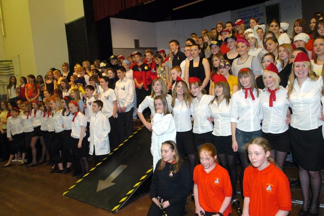 The whole cast of Year 7 and 8 pupils in Ecclesfield School's production of Return to the Forbidden Planet, March 2007