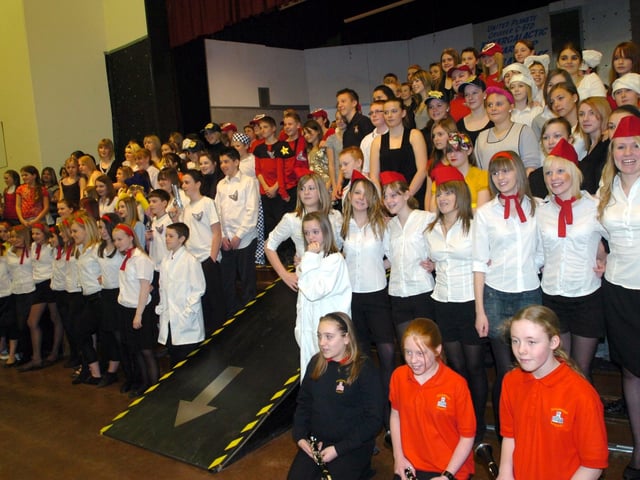 The whole cast of Year 7 and 8 pupils in Ecclesfield School's production of Return to the Forbidden Planet, March 2007