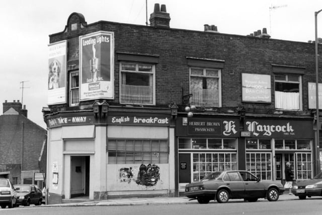 Pinky's takeaway on Spital Hill, in Burngreave, Sheffield, at the junction with Hallcar Street, in 1991. Also pictured are the pawnbrokers Herbert Brown and clock and watch repairers Keith Laycock
