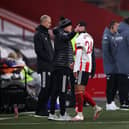 Chris Wilder manager of Sheffield Utd with Rhian Brewster of Sheffield Utd during the Premier League match at Bramall Lane, Sheffield. Picture date: 3rd March 2021. Picture credit should read: Simon Bellis/Sportimage