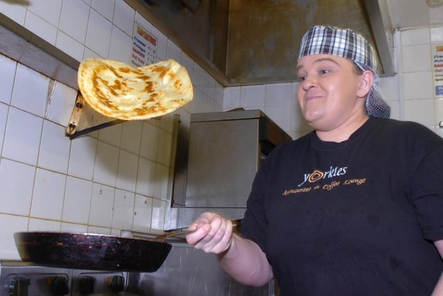 Alison Wright tosing her  pancakes at Yorkies in 2007