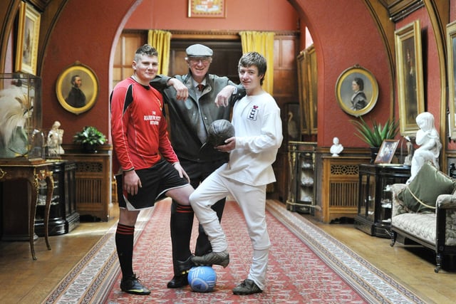 Now he is pictured promoting a new exhibition at Cragside with Rothbury Football club members Craig Speight in a modern day strip and Richard Hooks in vintage footballing kit in 2011.