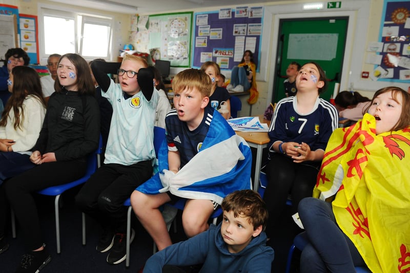 A whole range of emotions as the young pupils watch the match live in their classroom
(Pic: Michael Gillen)
