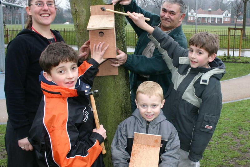 Local birds looking for new homes to build their nests had wider choice of properties in 2007, thanks to Chesterfield Borough Council.
Picture shows three young nest-box builders trying out their handiwork for size in Queen's Park - left to right Nathan Shelton (9) from Old Tupton, Ricky Barker (5) from Grangewood, and Nathan's brother James (11) with Sarah Poulton and Ranger Colin Henson.