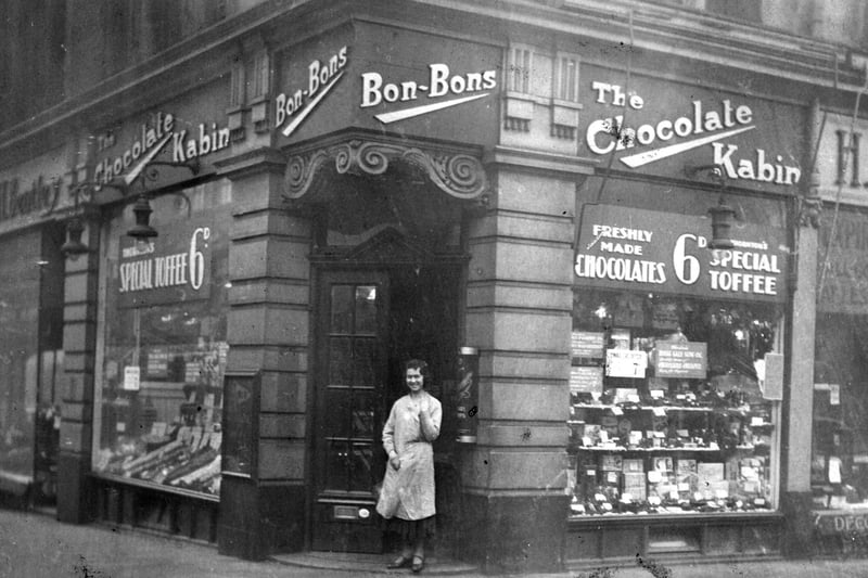 Ivy Clow (later Yates) outside Thornton's Chocolate Kabin on the corner of Howard Street and Union Street in 1920. Picture Sheffield ref no: a05159