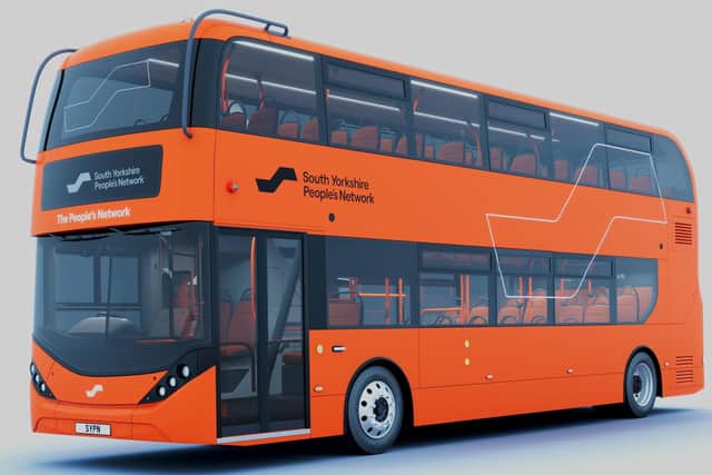 A bus in the rebranded South Yorkshire People's Network colours launched in March 2026. Picture: SYMCA