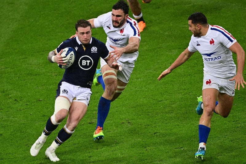 Stuart Hogg trying to get past Charles Ollivon tonight at the Stade de France in Saint-Denis, outside Paris (Photo by Martin Bureau/AFP via Getty Images)