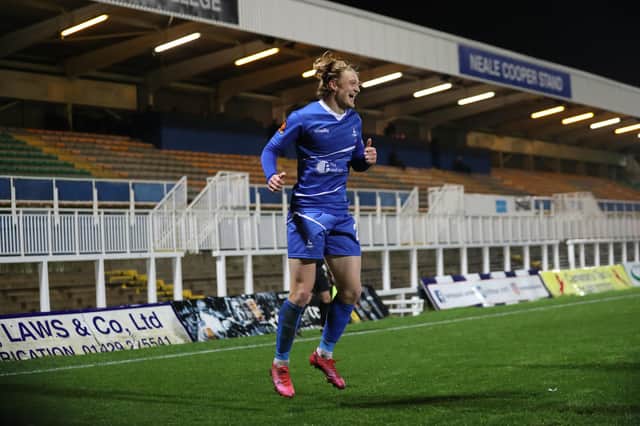 Hartlepool United's Luke Armstrong  celebrates after scoring their first goal.
