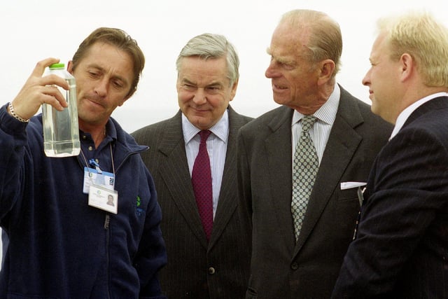 Prince Philip was pictured opening Wearside's new £70 million sewage works at Hendon, Sunderland in August 2001. Operator Trevor Fenwick shows Prince Philip a sample of cleaned water during his visit.