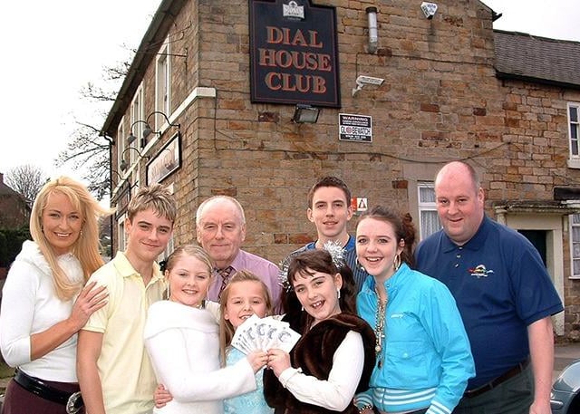 Pictured at the Dial House Club, Sheffield, left to right: Stephanie King, Jamie Greasley, 13 year-old Courtney Turner, Dial House entertainment secretary Keith Chapman, 8 year-old Tammy Wilcockson, 10 year-old Ebony Jayne O'Brien, 15 year-old Ryan Myczko, 14 year-old Abby-Leigh Rowan and Owlerton Stadium marketing manager Dave Hackett, March 15 2005