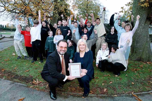 Sheffield Futures Chief Executive Jim Reid presented a certificate to head teacher of Bents Green School Andrea Scott Jones in 2001