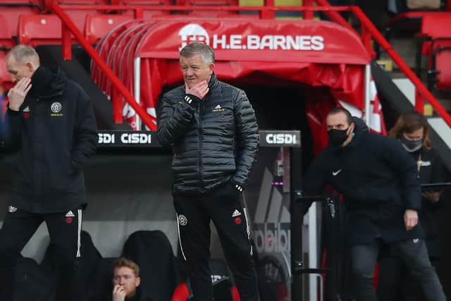 Chris Wilder ponders during the Premier League match at Bramall Lane, Sheffield. Picture date: 6th March 2021. Picture credit should read: Simon Bellis/Sportimage