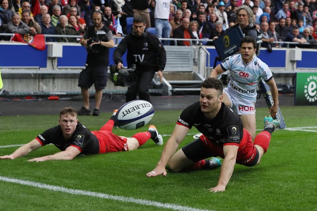 Duncan Taylor is thwarted on this occasion during Saracens' 2016 European Champions Cup final win over Racing 92 in Lyon. The Scotland centre helped the English club to a 21-9 victory, with Owen Farrell kicking seven out of seven penalties to give Sarries their first European Cup win