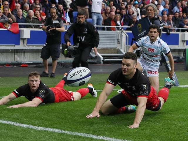 Duncan Taylor is thwarted on this occasion during Saracens' 2016 European Champions Cup final win over Racing 92 in Lyon. The Scotland centre helped the English club to a 21-9 victory, with Owen Farrell kicking seven out of seven penalties to give Sarries their first European Cup win