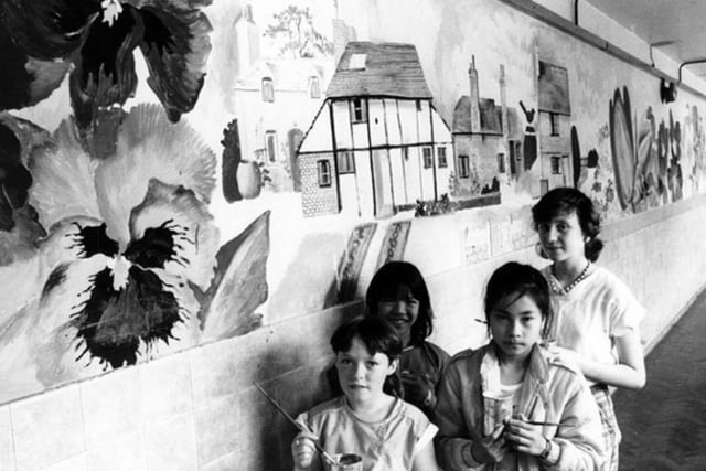 Pupils with a huge mural they helped create at Abbeydale Grange Secondary School, Sheffield, in July 1986