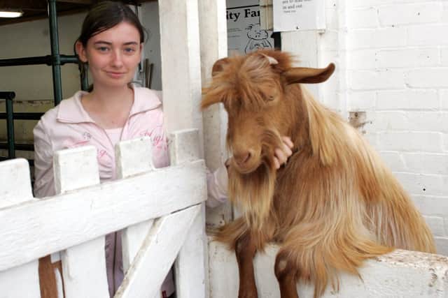 Kelling Manon with goat Elvis, one of Heeley City Farm's favourite animals, in September 2006