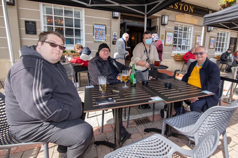 Chris Cowell, Jeff Dennis and Dave Rowland enjoying a drink at The Lord Palmerston, Palmerston road, Southsea on 12 April 2021. Picture: Habibur Rahman