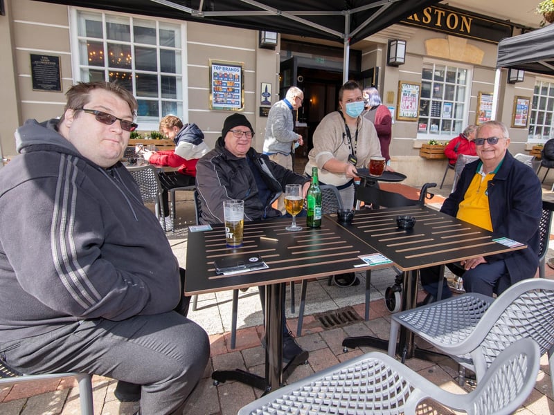 Chris Cowell, Jeff Dennis and Dave Rowland enjoying a drink at The Lord Palmerston, Palmerston road, Southsea on 12 April 2021. Picture: Habibur Rahman