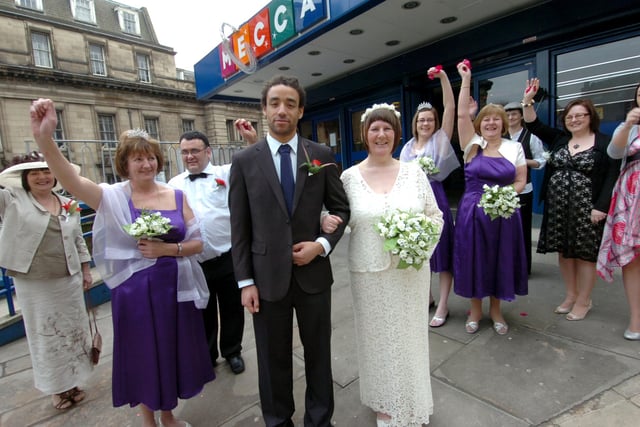 The wedding party with bride and groom Joanne Knopp and Martin Stewart at the Valentine's Day party at Mecca Bingo, Sheffield in 2009