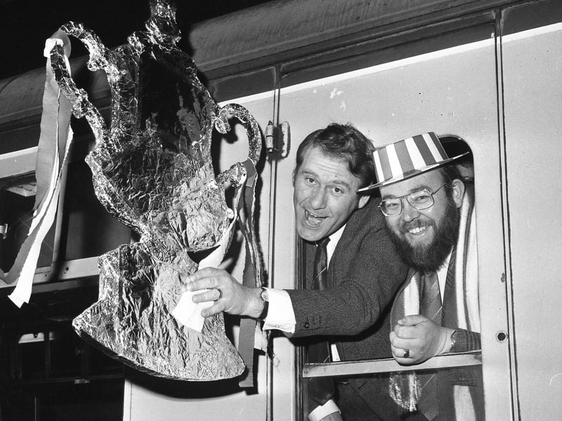 From left, Tom Creighton and Ray Telfer head to Wembley in 1973 to watch Sunderland win the FA Cup final against Leeds United.