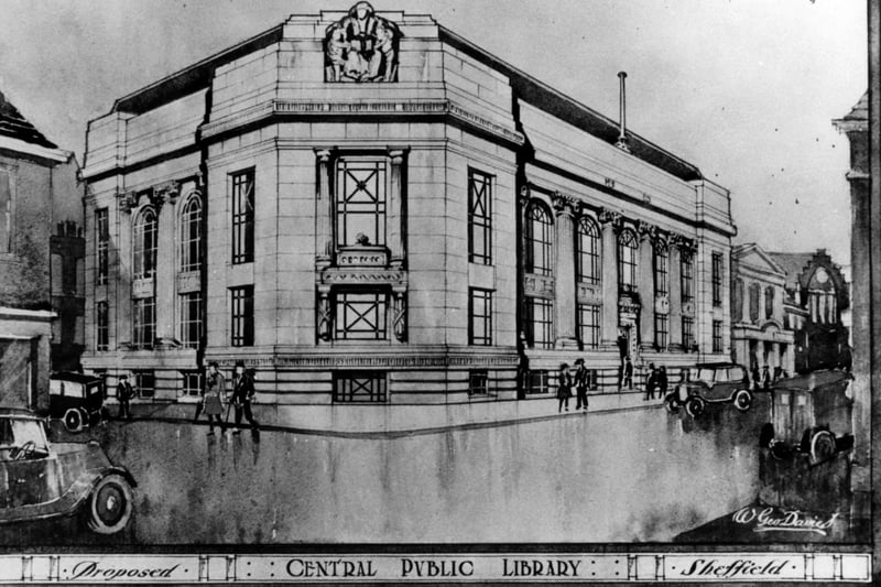 Central Library and Graves Art Gallery, Surrey Street, drawing of proposed building, United Methodist Church in the background.