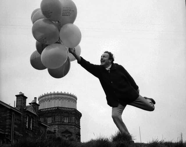 British actor Terry-Thomas releases balloons on Blackford Hill in aid of Scottish National Institute of War Blinded in April 1960.
