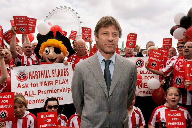 Celebrity Blade, actor Sean Bean, poses with fans on the Embankment in London in June 2007 after visiting Westminister Palace to speak to MPs following the club's controversial relegation from the top flight.