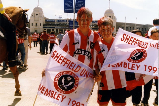 Sheffield United supporters at Wembley Stadium for the 1st Division Play off Final against Crystal Palace, May 1997.