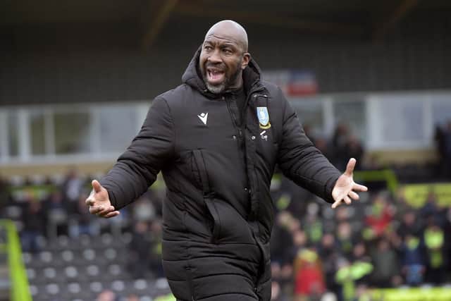 Darren Moore gestures to Sheffield Wednesday fans after their surprising defeat to Forest Green Rovers. (Steve Ellis)