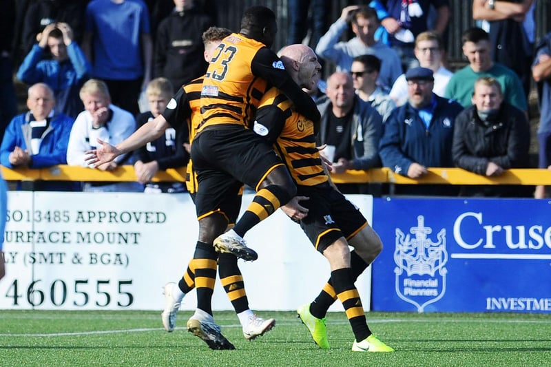 Alloa players celebrating going 2-0 up against Falkirk