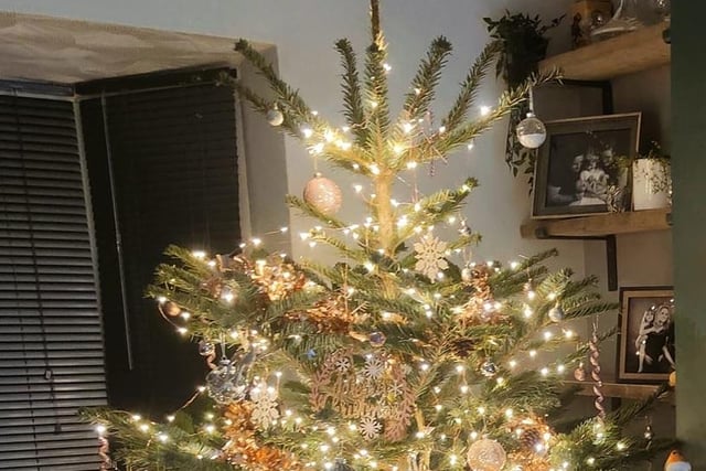 Dozens of fairy lights illuminate the baubles of all shapes and sizes on Becca Bailey's tree.