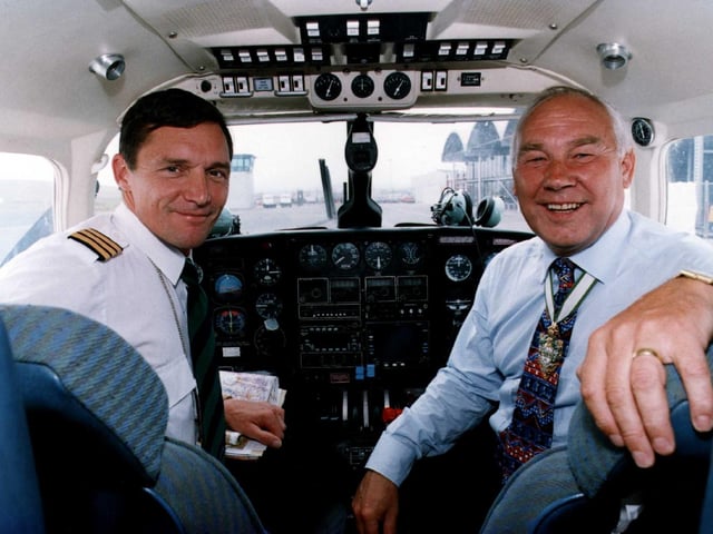 Master Cutler Doug Liversidge prepares to take to the skies at Sheffield City Airport with pilot Captain Jeff Snape